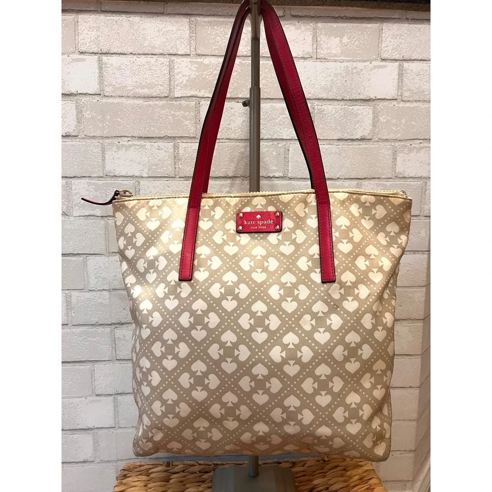 Kate Spade New York Spade‎ Logo Tote Bag Tan Pink Leather Trim Shoulder Bag